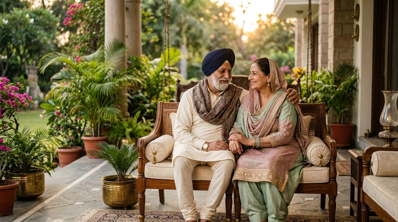 NRI parent care in Chandigarh — elderly Sikh parents together at home